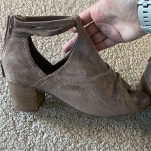 suede light brown heeled open toe booties